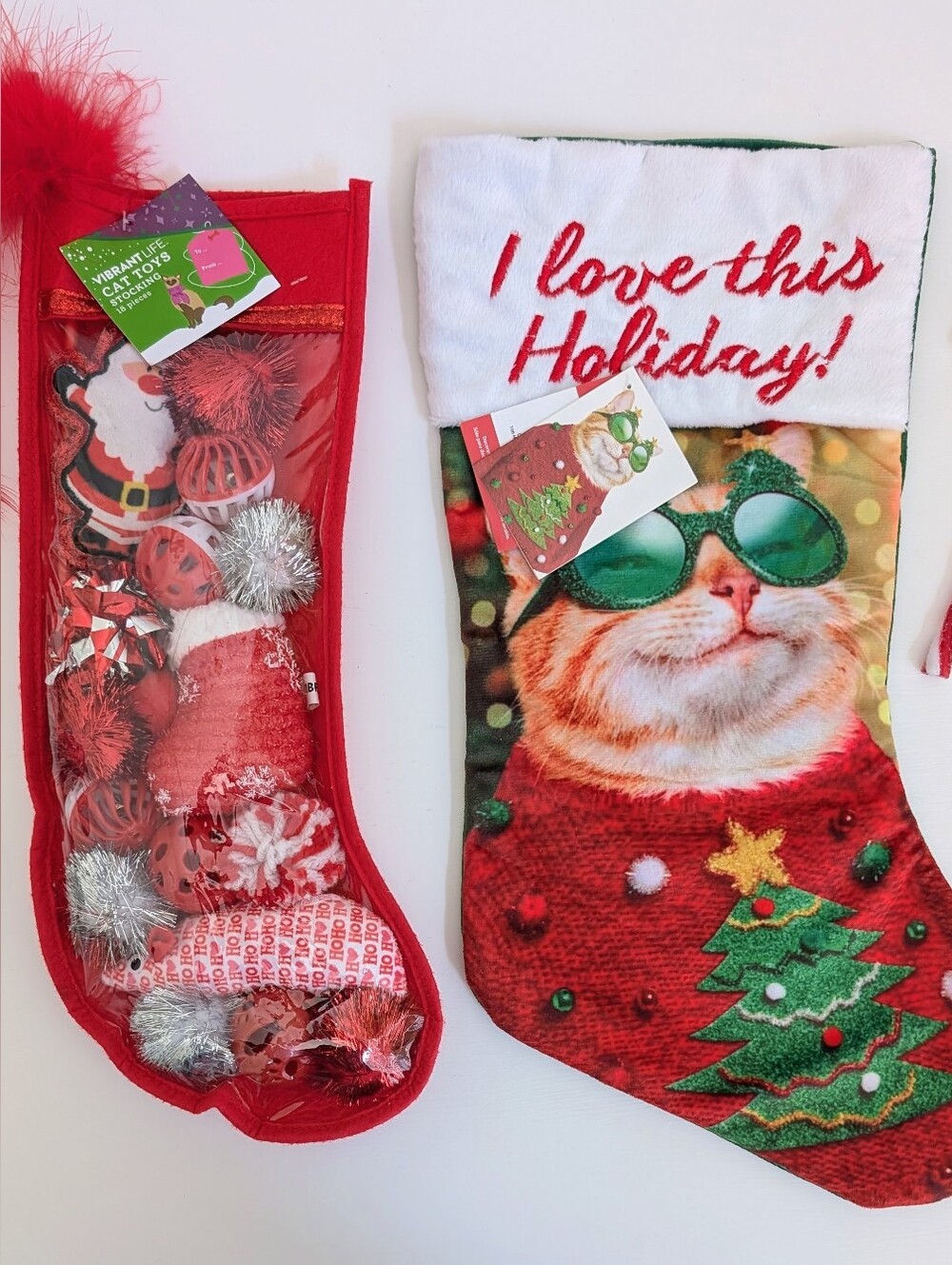 BUNDLE Cool Cat I Love This Holiday Christmas Stocking and Cat Toy Bag Red Green